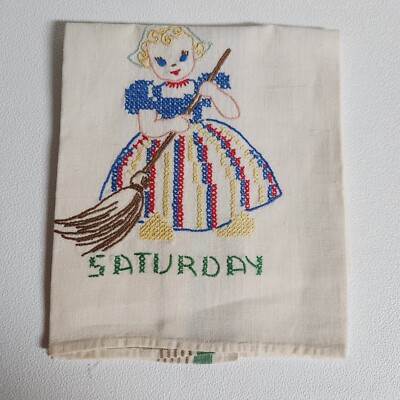 Vintage Saturday Kitchen Towel Hand Embroidered Girl With A Broom 27 X 29 Inches