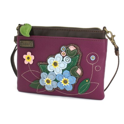 NEW CHALA PURPLE BLUE WHITE FORGET ME NOT FLOWER MINI CROSSBODY CELL PHONE PURSE
