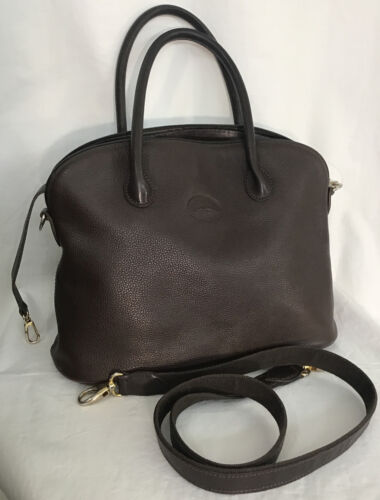 Long Champ Purse Brown Leather Zip Top Satchel 2 Handle/shoulder Strap Med - Picture 1 of 12