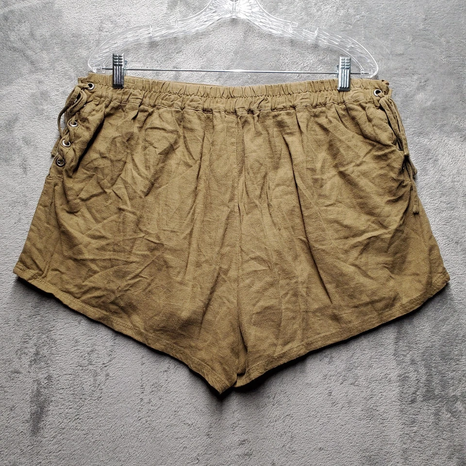 Pantalones Cortos Free People Para Mujer Grandes Verde Marrón Corbata Lateral Cincha Rayón Lino Safari Foto 2 de 4