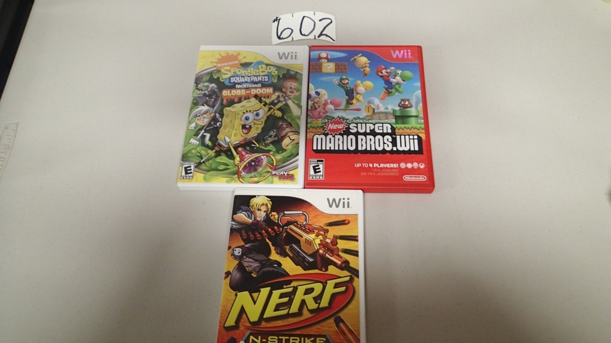 3-nintendo wii games,super mario bros, sponge bob, nerf-nstrike