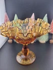 Fenton Ruffled Edge Amber Glass Thumbprint Compote 6" Tall