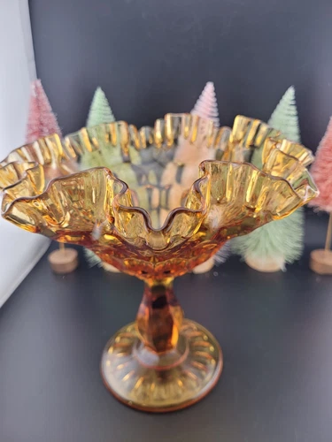 Fenton Ruffled Edge Amber Glass Thumbprint Compote 6" Tall