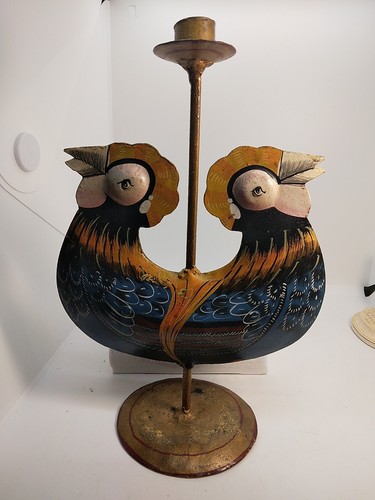 Folk Art Hand Painted Rooster Chicken Metal Candle Holder 11 1/4” - Picture 4 of 10