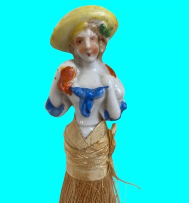 Victorian Porcelain Half Doll Whisk Broom Crumb Brush Japan 8'' Yellow Hat Vtg