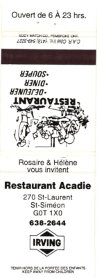 #ad #ad Restaurant Acadie Saint Siméon Canada Breakfast Supper Vintage Matchbook Cover $9.99