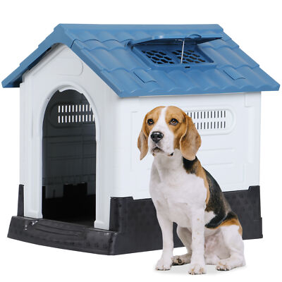26 inch Plastic Dog House with Adjustable Skylight for Puppy Indoor Outdoor Blue