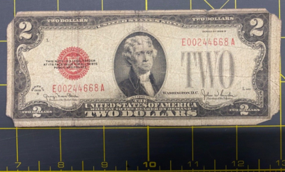 $2 Series 1929 G two dollar bill with RED Ink, Washington DC, Ser