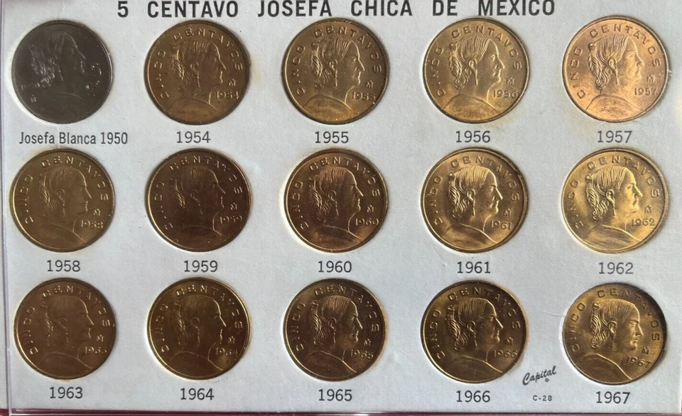 L67 México; 5 centavos 15 moedas conjunto completo 1950-67 incluindo data-chave 1954 UNC - Imagem 3 de 4