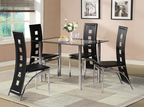 Black Glass Dining Room Table Set and with 4 or 6 Faux Leather Chrome NEW