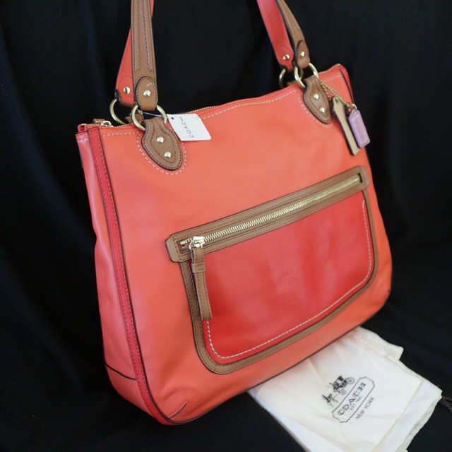 NWT COACH Poppy Hallie Colorblock Red Orange Leather Glam Tote Shoulder