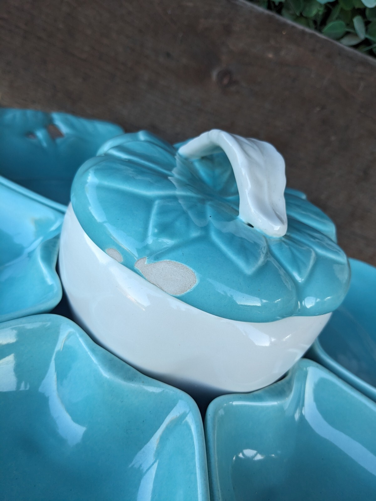 Vintage Hoenig of California Turquoise & White Ceramic Apples Lazy Susan Tray