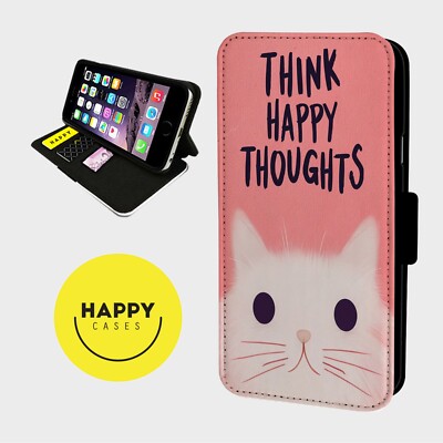 CAT THINK HAPPY THOUGHTS - Kunstleder Klapp Handy Hülle Cover - iPhone/Samsung