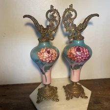 Beautiful Rare Pair Of Large 17” Victorian Hand painted Ewers
