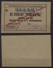 [27260] - Emergency money Bremerhaven, North German Lloyd, 1 Mark, 00.00.1914, Dießner