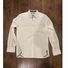 Robert Graham Mens Dress Shirt L White Regular Fit Solid Cotton Contrast Trim