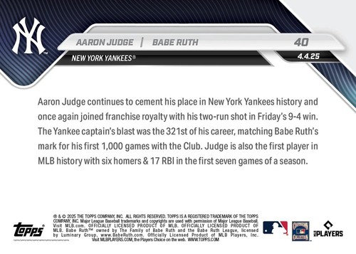 Aaron Judge 2025 MLB Topps NOW 40 Ties Babe Ruth Presale - Picture 5 of 7