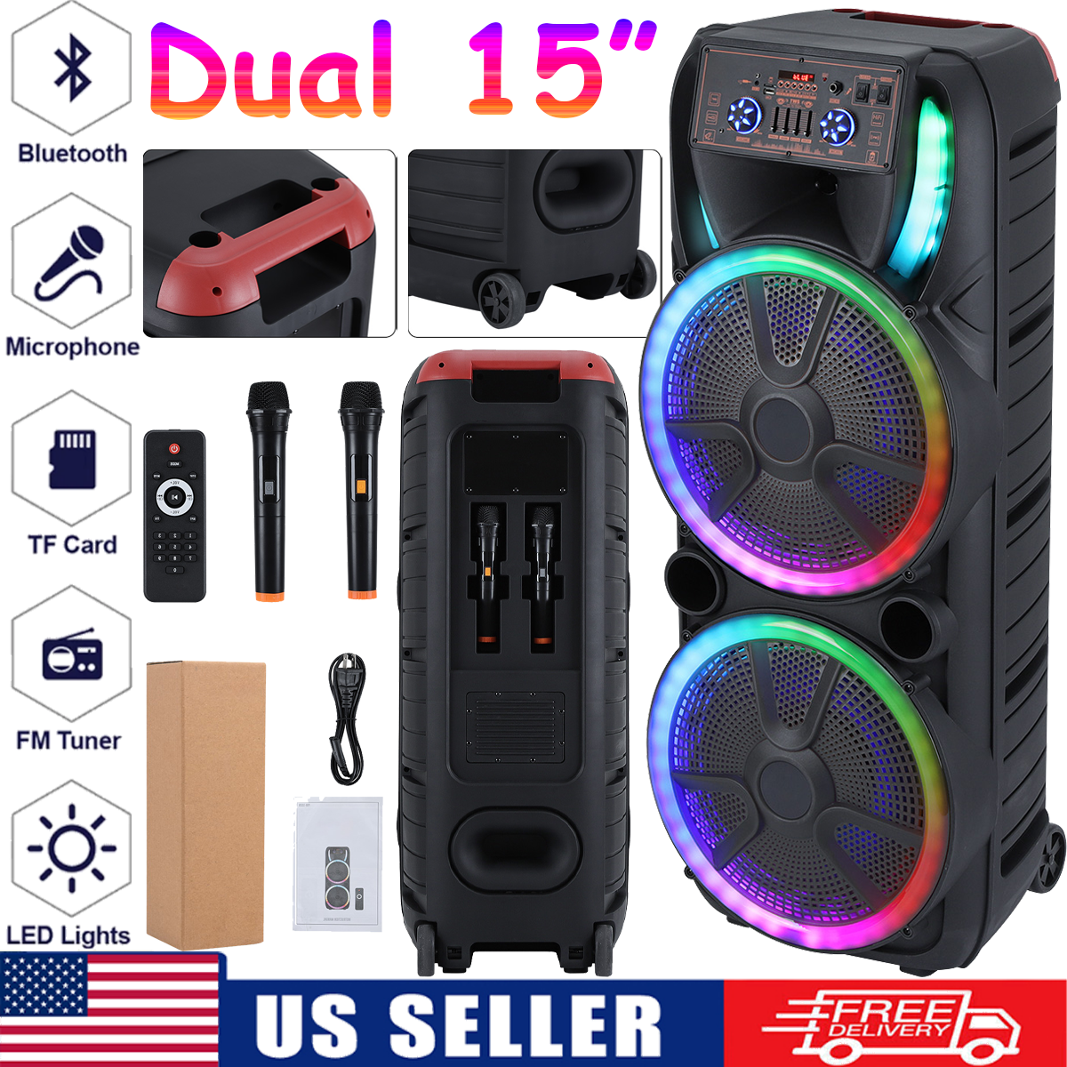 Dual 15'' Subwoofer Portable Bluetooth Speaker with 2 Mics for