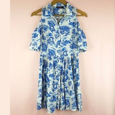 Topshop Women Cold Shoulder Button Dress White Blue Collared 100% Viscose Size 4