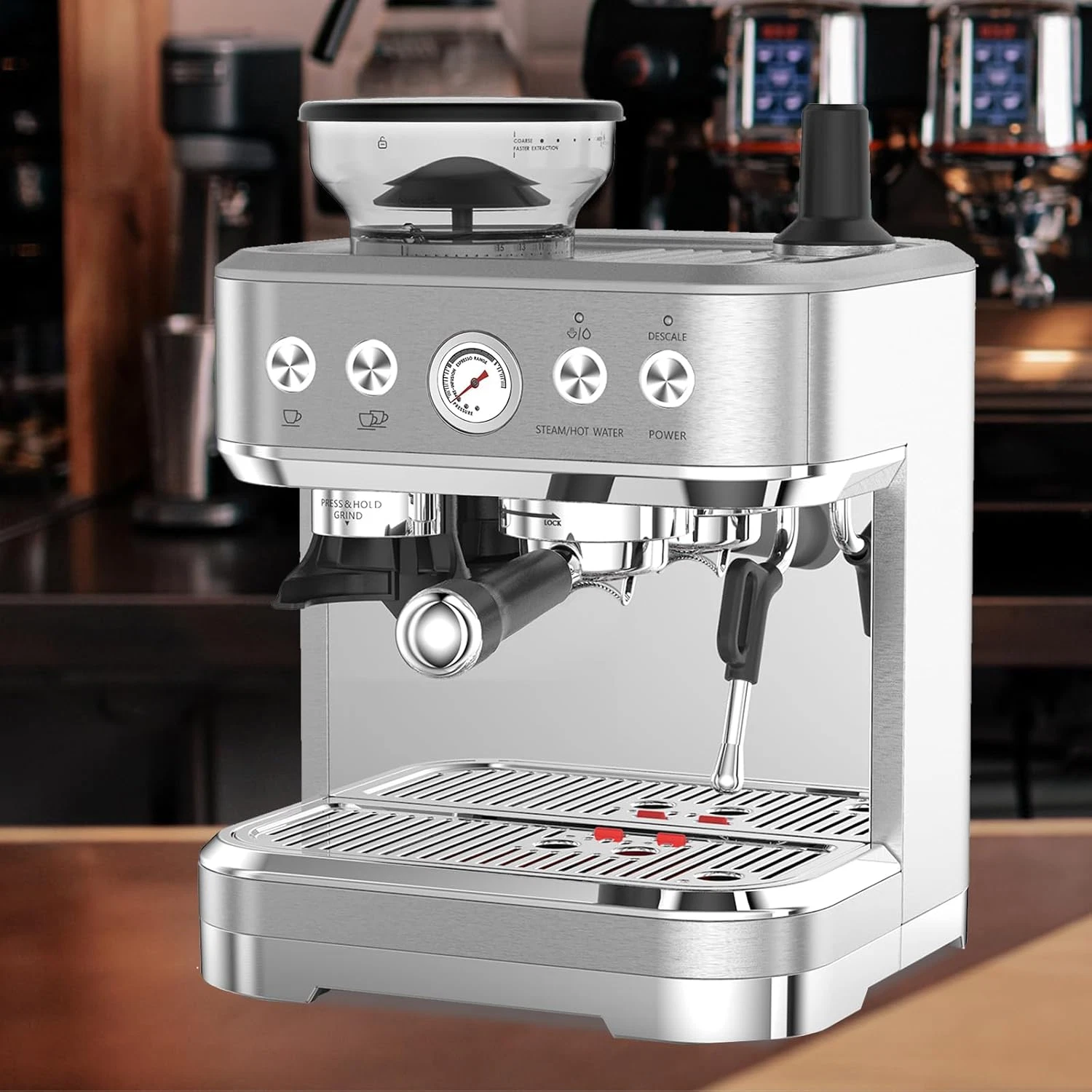 Espresso Machine with Grinder & Milk Frother, 2.3L Stainless Steel