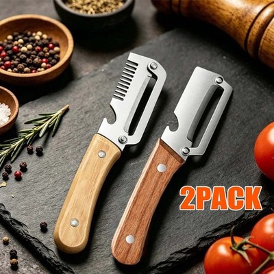 2PCS 3-in-1 Serrated Peeling Knife Premium Vegetable Peeler With Wooden Handle ~