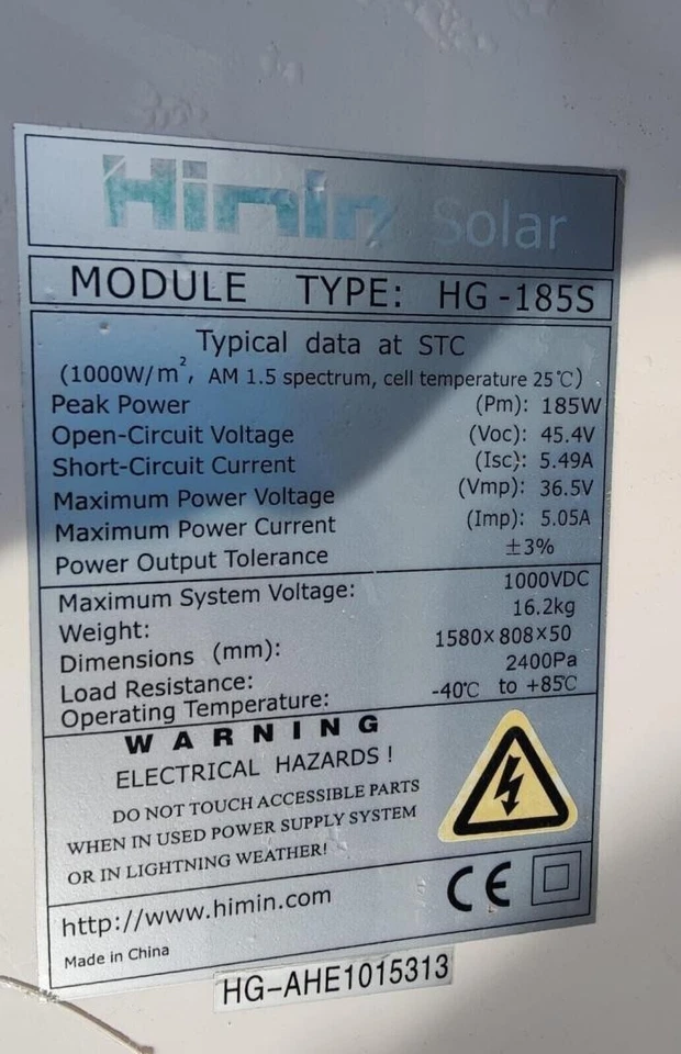 PANNELLO FOTOVOLTAICO Himin Solar HG-185S, 185W 158*80,8*5 cm - USATO GARANTITO - Imagen 3 de 3