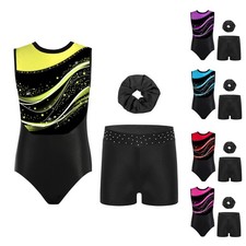 Kids Girls Dancewear Color Block Set With Shorts Outfit Bodysuit Stylish Print