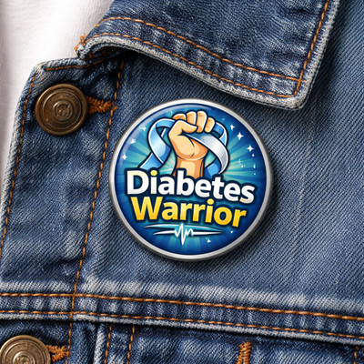 Diabetes Warrior Badge 38mm | T1D T2D Awareness Pin | Blue Ribbon Button