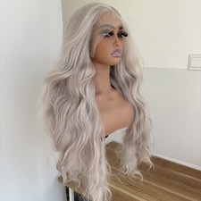 Long Wavy Synthetic Hair Heat Resistant T Lace Front Wigs Silver gray