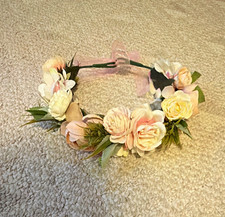 Pink/White/Green Floral Flower Crown Headband w/ Bow, Wedding