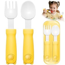 1-3 Years Old Toddler Utensils - Adjustable Length Thick Grip Fork and Yellow