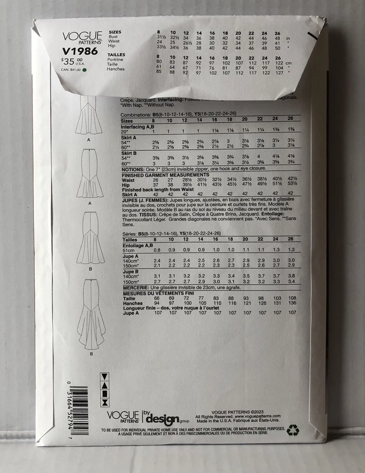 VoguePattern V1986 Red Carpet Mermaid Fishtail Skirt Misses SZ 8/10/12/14/16 NEW - Image 2 of 2