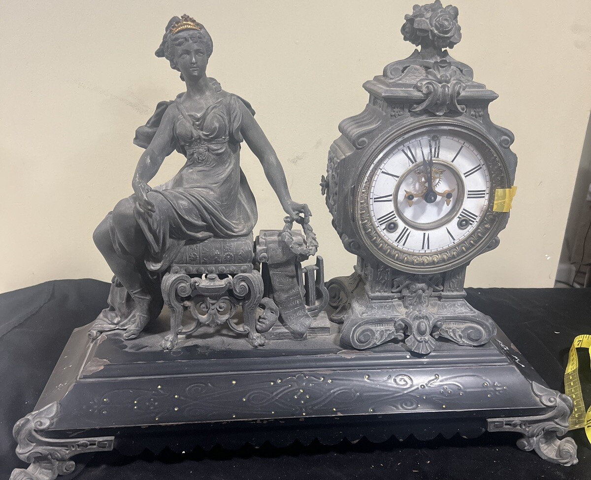 19th Century Antique Ansonia Figural Metal Clock Sitting (Opera