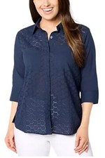 Joan Rivers Eyelet Boyfriend Button-front Shirt Navy