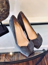 PRADA GREY  NUBUCK LEATHER PEEP TOE STILETTO PUMP SHOES SANDALS 37 1/2 / 7.5 USA