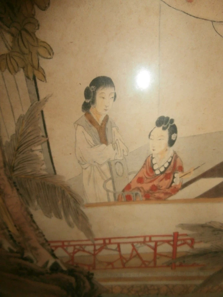 ANTIQUE CHINESE PAINTING ON PAPER PORTRAIT OF TWO WOMEN/S MOTHER DAUGHTER WOOD F - Image 4 of 4