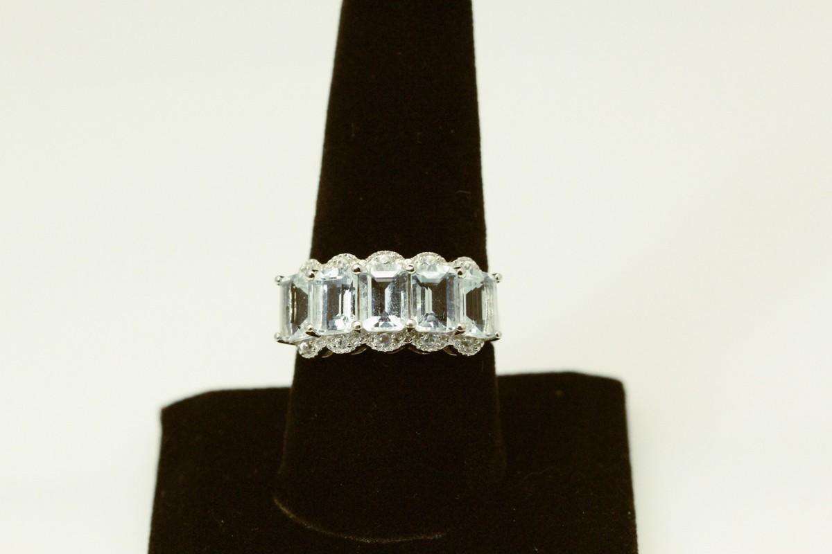 925 Sterling Silver Size 10 Light Blue Rectangle Cut Cluster Ring