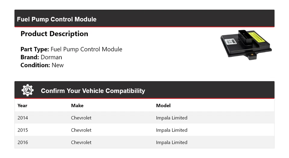 Módulo de control de bomba de combustible Dorman 2015 para Chevrolet Impala Limited 2014-2016 Foto 2 de 4