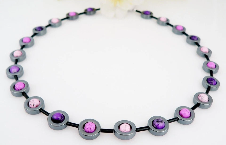 Halskette Hämatit Donut schwarz Perlen lila flieder rosa 353i - Bild 3 von 4