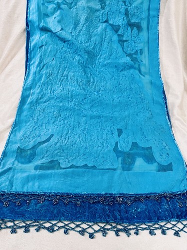 Peacock Silk blend Burnout Shawl Wrap hand Beaded 3D Devoré Floral Velvet whimsy - Picture 8 of 8