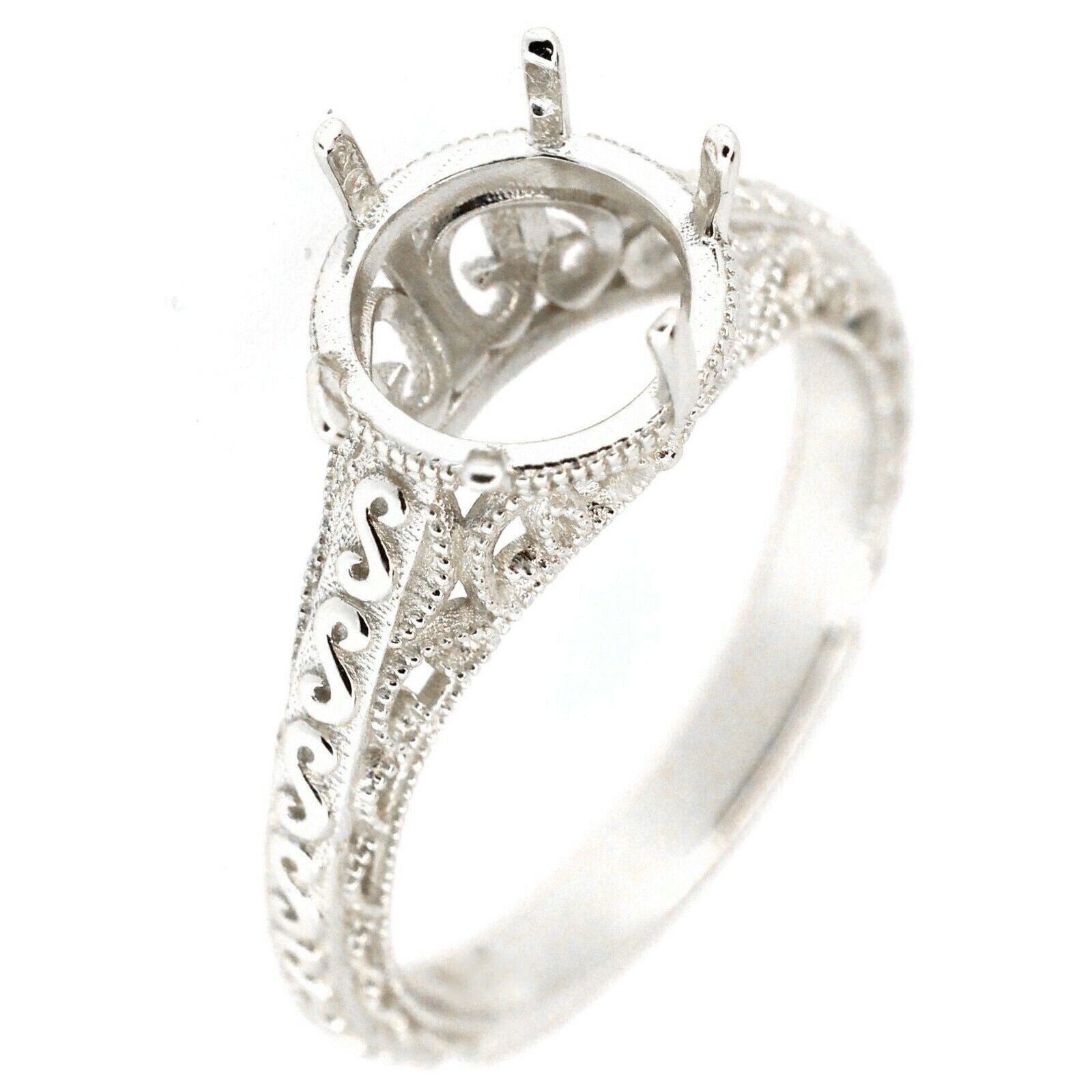 Art Deco Sterling Silver Semi Mount Ring Setting for 8x8mm Round Stone  