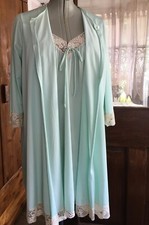 Vintage 1960s L Mint Green 100 Nylon Nightgown  Robe Ivory Lace Trim NC USA