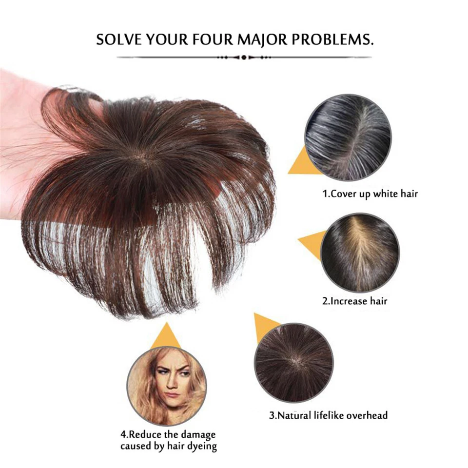 Silk Base Clip In Human Hair Toppers -Loss Thin Hair Top Replacement Straight - Image 4 of 4