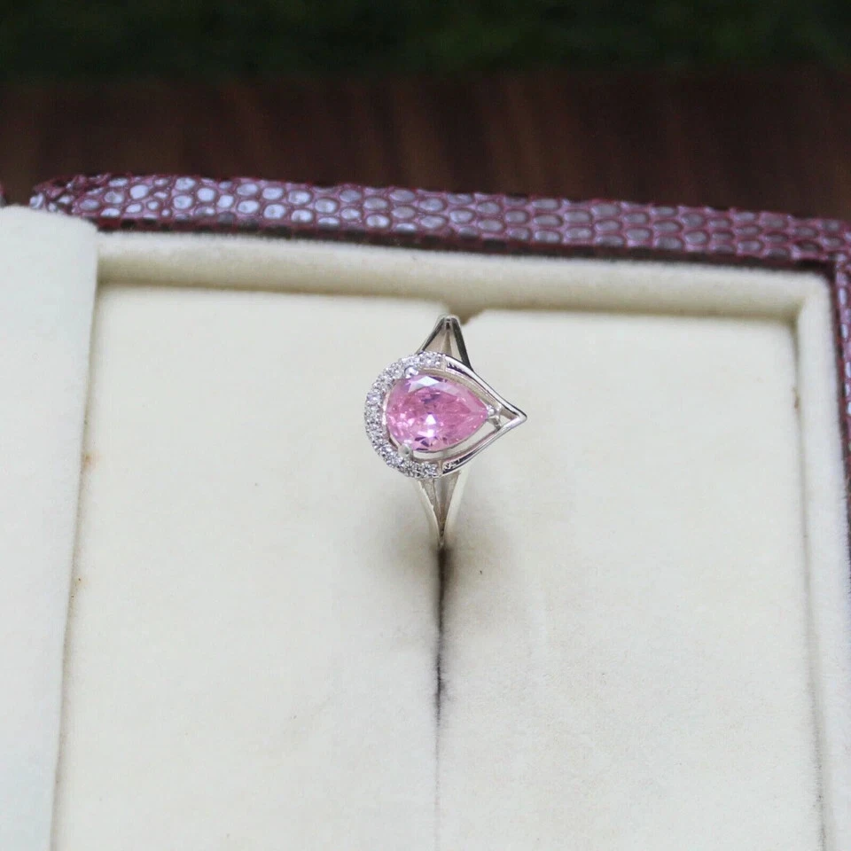 Pear Cut Pink Sapphire Engagement Ring Women's Ring 925 Silver Lab-Created - image 3 of 4