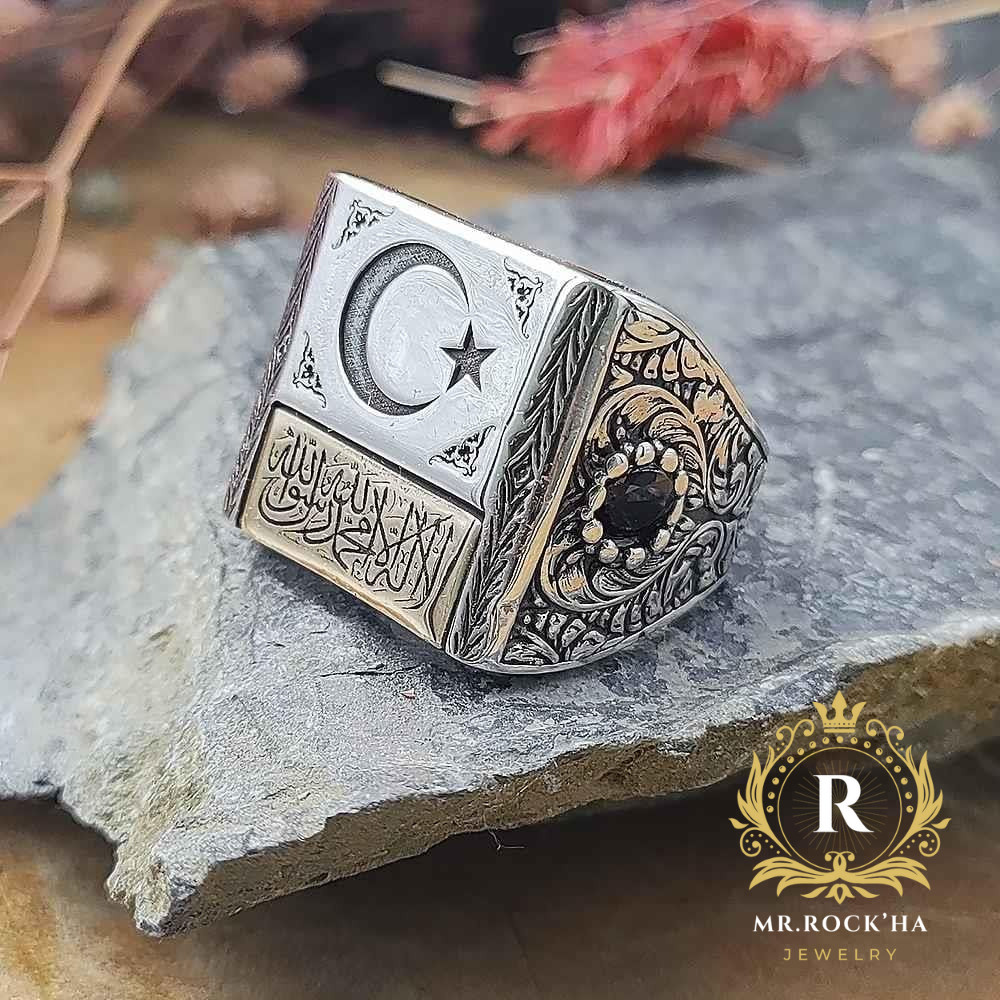 Word of Tawhid Engraving,Star Crescent,Black Zircon Stone,925 Silver Men's Ring