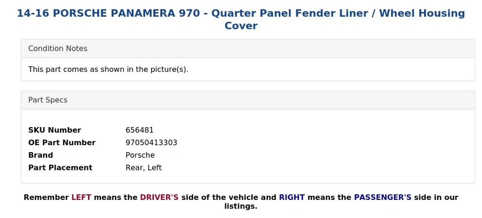 14-16 PORSCHE PANAMERA 970 - Quarter Panel Fender Liner / Wheel Housing Cover Foto 4 de 4