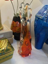 Vintage 1960s Sanyu Glass (Japan) Clear & Orange 8 Fingers Swung Glass Bud Vase