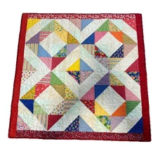 VTG Baby Quilt Aprx 38X39 Inches Floral Multi Color Polka Dots Stripes Hand Sewn