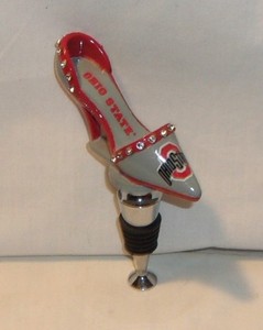 RED & GRAY OHIO STATE HIGH HEEL SHOE WINE BOTTLE STOPPER WITH RHINESTONES