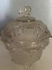 Vintage Jeanette Glass Footed Covered Candy Dish Clear With Grapes & Leaves 6"